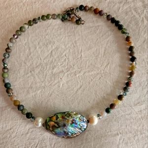Abalone shell necklace with pearls and stone and glass beads